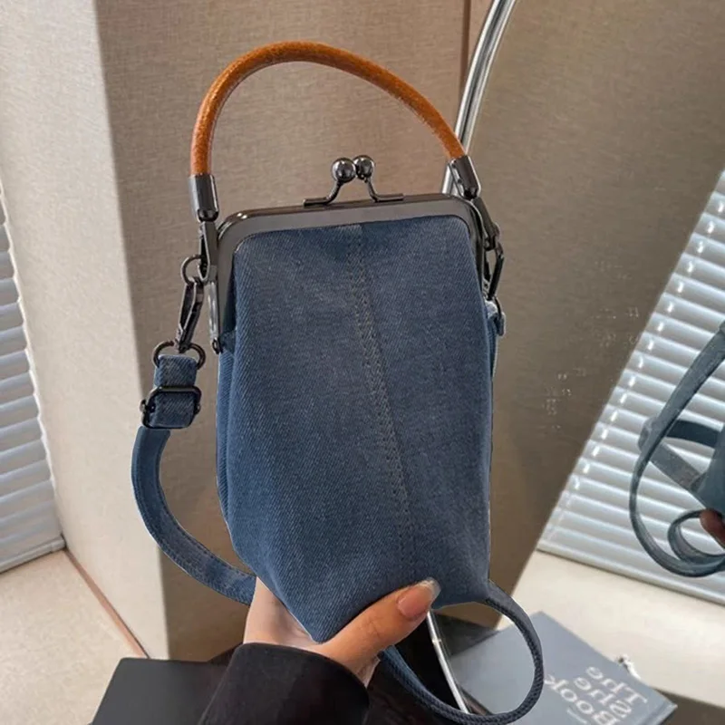 Denim Umhängetasche Weibliche Vintage Kiss-Lock Tasche Kleine Telefon Geldbörse Trendy Für Frauen