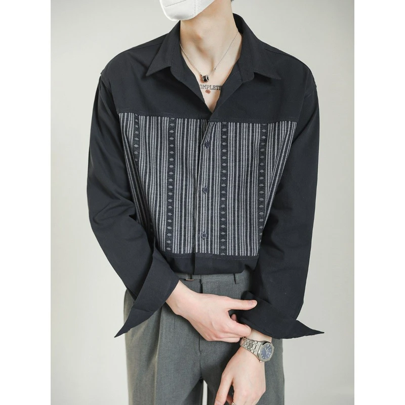 Spring Summer New Fashion Trend Korean Casual Long Sleeve Shirt Men Lapel Print Button Patchwork High End Light Luxury Shirt Top