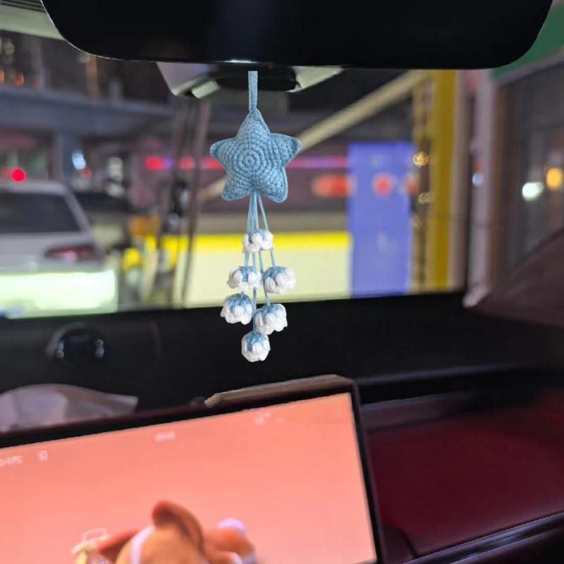 Blue Star Car Mirror Hanging Accessories - Car Interior Rearview Mirror Decorative Pendant - Handmade Crochet Car Accessories
