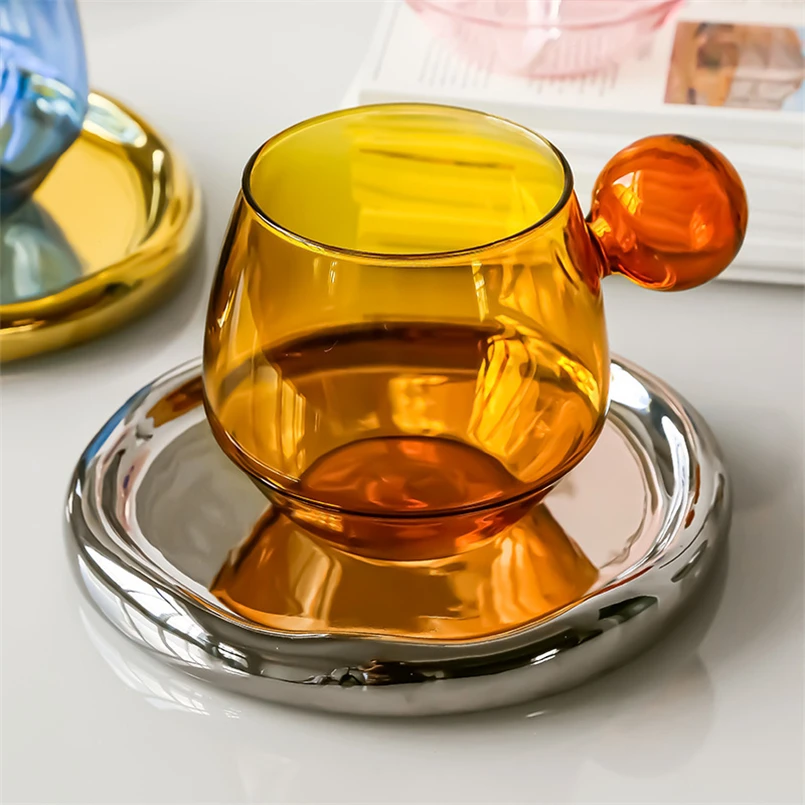 Nordic Style Niche Entry Luxury Latte Coffee Cup, Saucer Spoon Suit British Afternoon Tea Set Household Heat Resistant Glass Cup