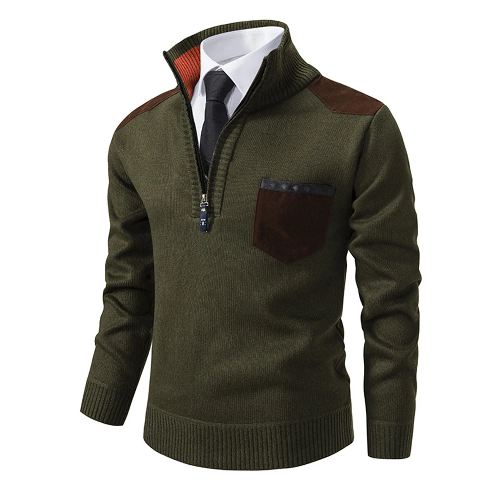 

Men\\'s Fleece Jacket Winter Long Sleeve Knitted Pullover Warm Thickened Sweater Plus Size Stand Collar Green