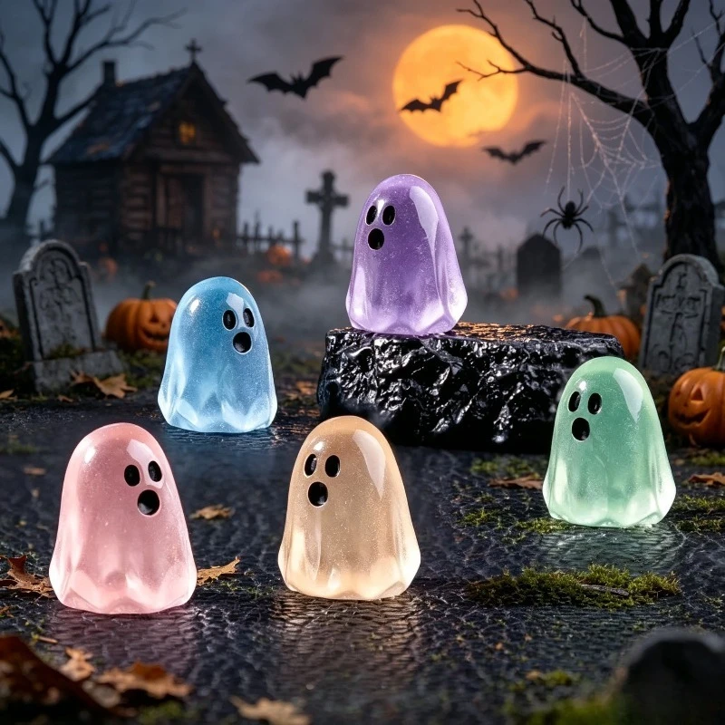 5/100pcs Luminous Multicolor Halloween Mini Resin Ghost Glow in The Dark Miniature Ghost Figurines Tiny Ghost Ornaments