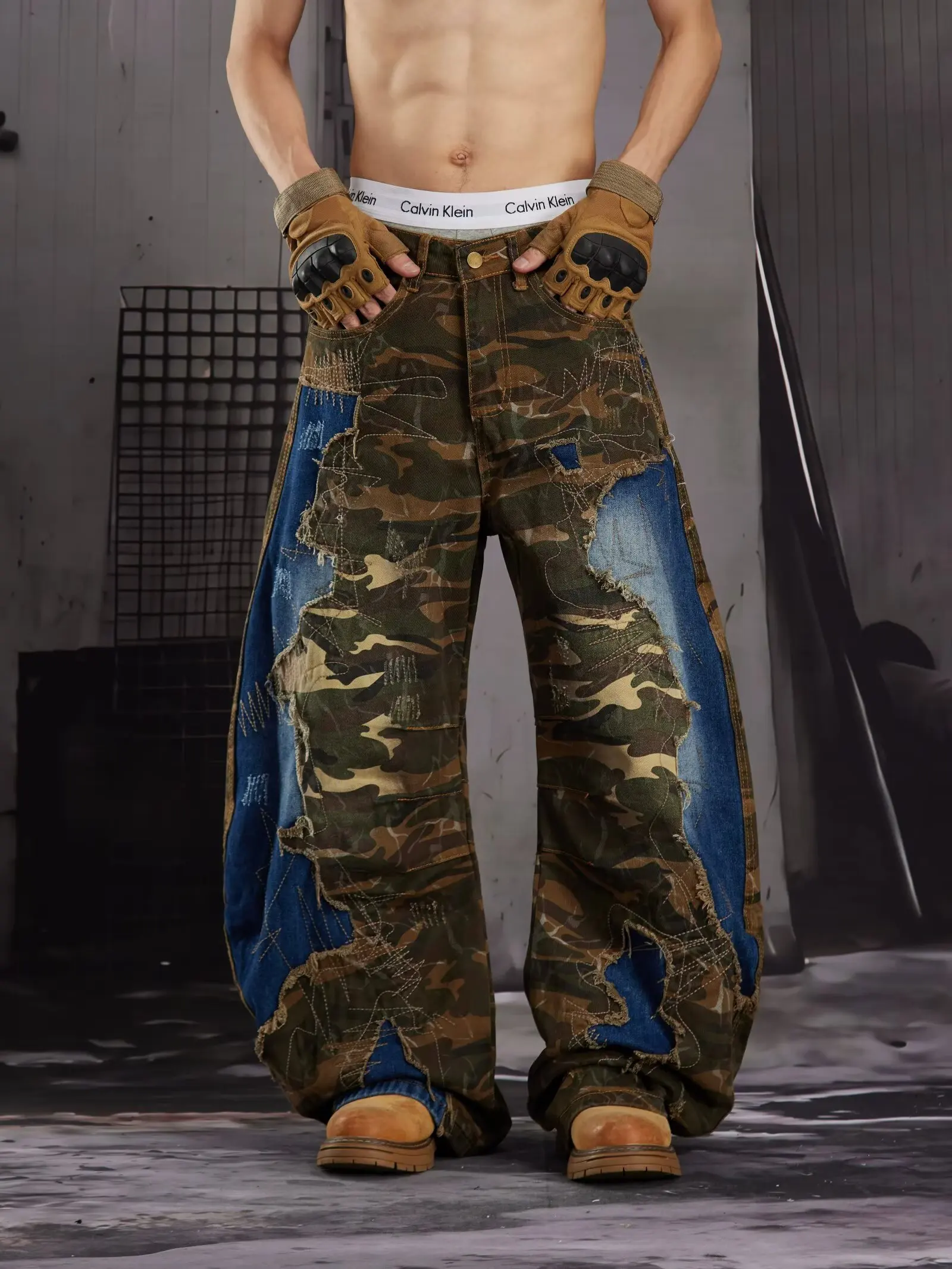 2026 American Retro Y2K Style Camouflage Patchwork Baggy Ripped Jeans Pants For Men Clothing Wide Leg Straight Denim Trousers