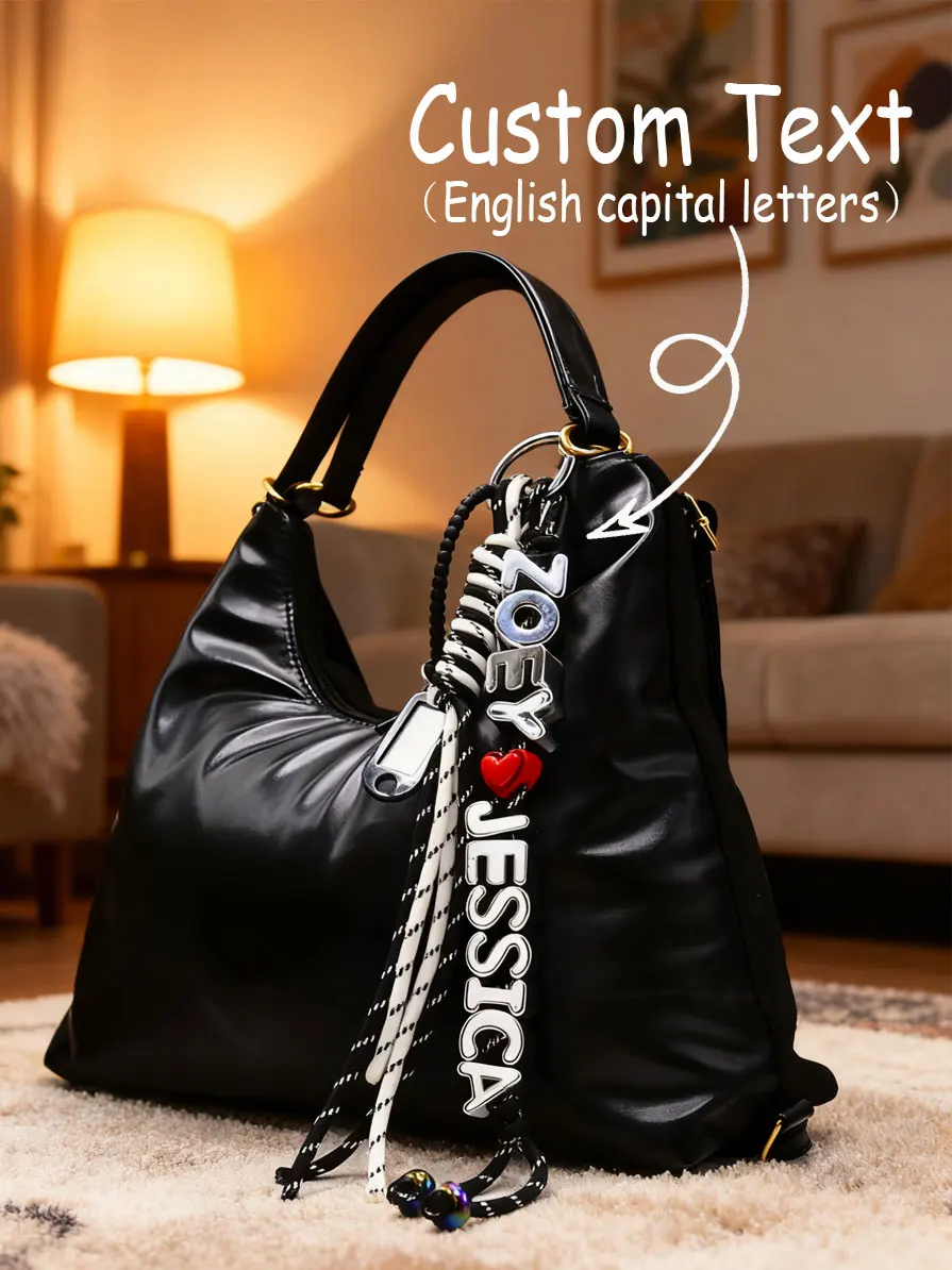 1pc customized silver letter bag pendant with braided tassel rope, red heart, name tag, a special gift for dad/boyfriend.