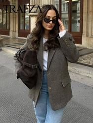 TRAFZA Women's Fashion Herringbone Wool Blazer Female Retro Casual Versatile Turn Down Collar Long Sleeve Daily Commuting Jacket