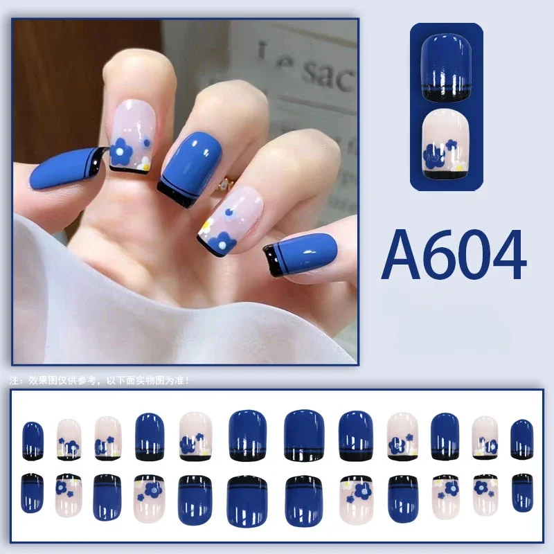 24pcs Gentle Style Wearable Nail Print Solid Color French False Nails with Glue Removable Nail Art Fake Nails Press on Nails