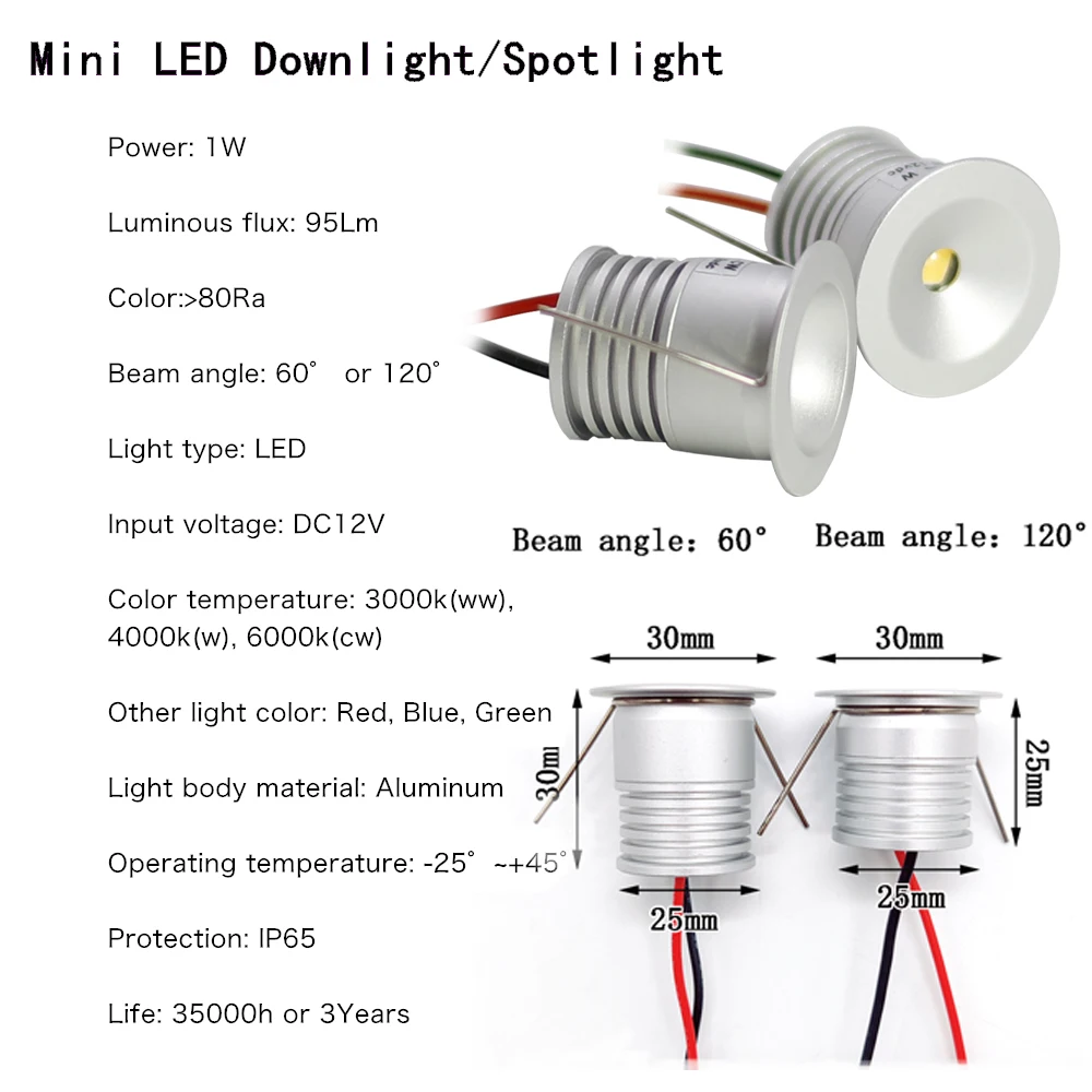 1W Mini reflektor sufitowy Led DC12V dekoracja Downlight 25mm wycięcie 60/120 kąt świecenia lampa wystawowa DIY światła