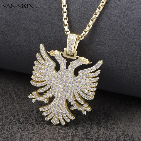 VANAXIN 아이스 아웃 알바니아 이글 펜던트, 힙합 목걸이, 14k 골드 컬러, CZ 지르콘 민속 국가 스타일 쥬얼리 선물 VANAXIN 아이스 아웃 알바니아 이글 펜던트, 힙합 목걸이, 14k 골드 컬러, CZ 지르콘 민속 국가 스타일 쥬얼리 선물