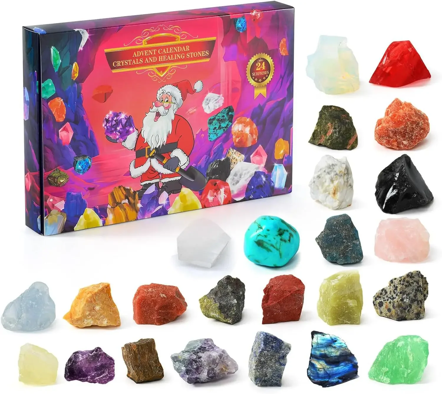 Advent Calendar Natural Crystal Gemstones Collection Box 24 Days Countdown Calendar Crystal Stone Gift Box for Kids Xmas Gift