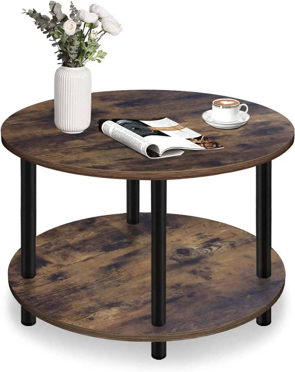 Small Round Coffee Table for Small Space, 23.5" 2-Tier Rustic Brown Wooden Coffee Table with Open Storage for Living Room/Balcon