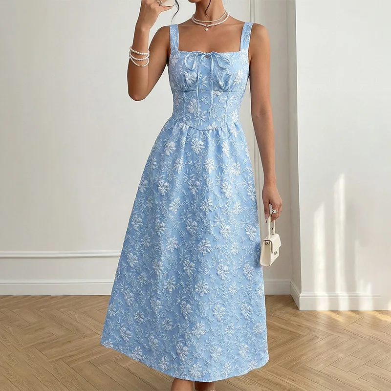 Elegant Women's Square Neck Floral Embroidery A-Line Midi Sundress Perfect for Summer Occasions