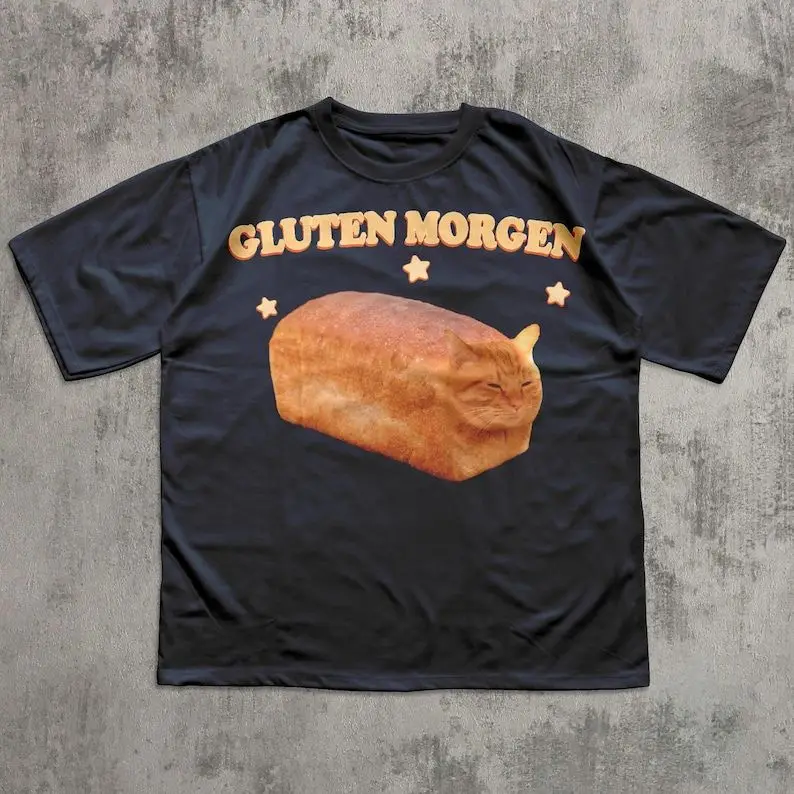 Fun Cat Meme T-shirt Toast Bread Cat Printed T-shirt Retro Street Women's Comfortable Large T-shirt