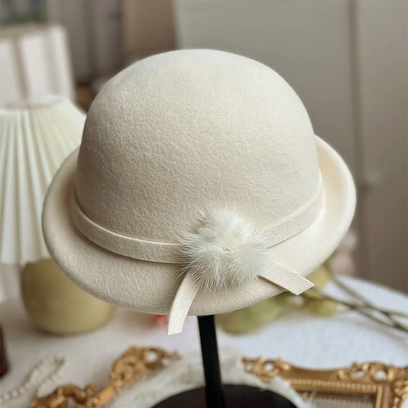 100% Wool Retro Hats Women Rabbit Fur Ball Wedding Cocktail Party Cap Roll Rim Church Beret Elegant Caps High-end Felt Hat