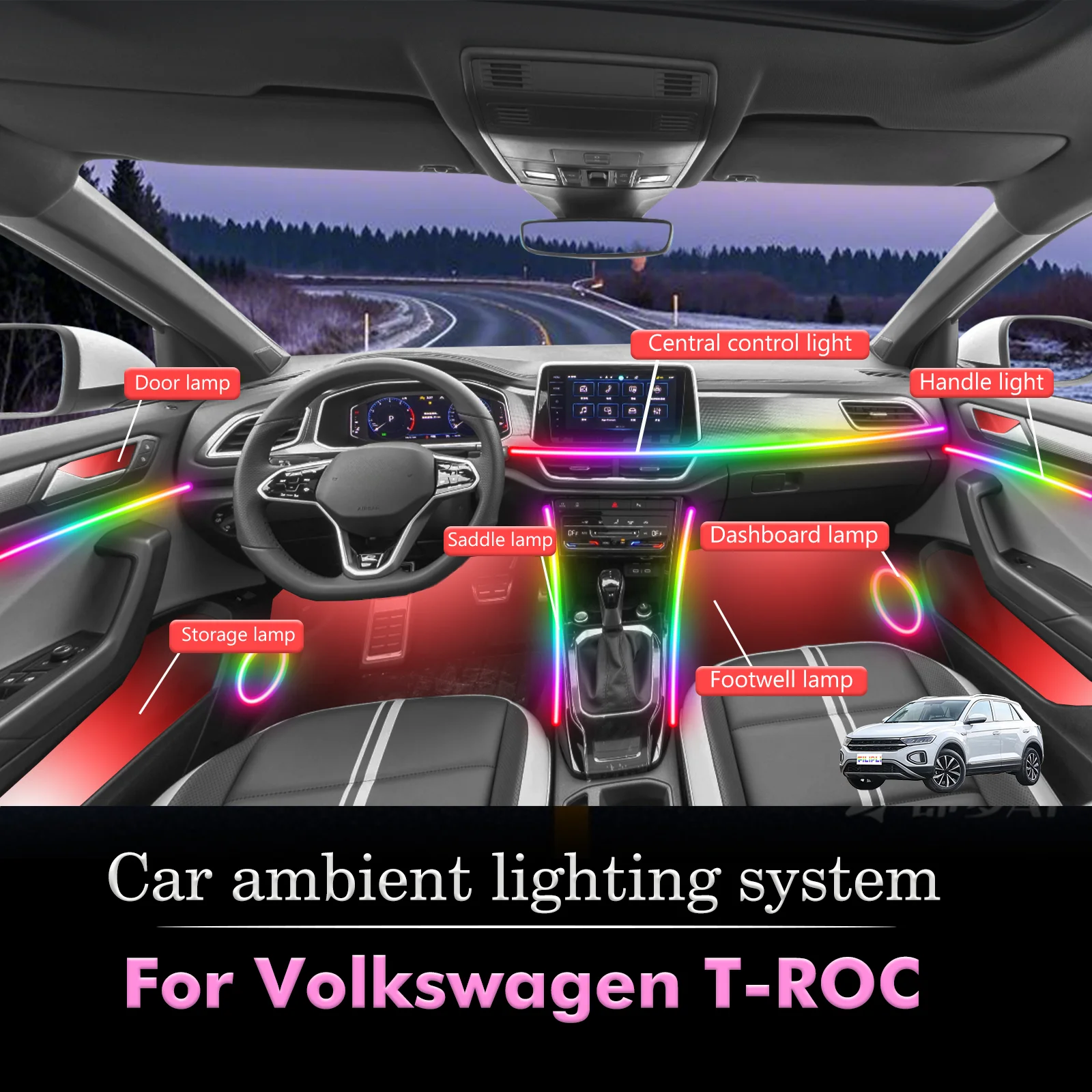 

For Volkswagen T-ROC RGB 64 Colors LED Car Interior Ambient Light Smart Remote Control Rainbow Acrylic Strip Set