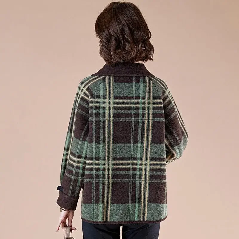 Mãe outono inverno casaco de lã moda meia-idade idosos feminino estilo ocidental nobre xadrez lã jaqueta feminina outwear