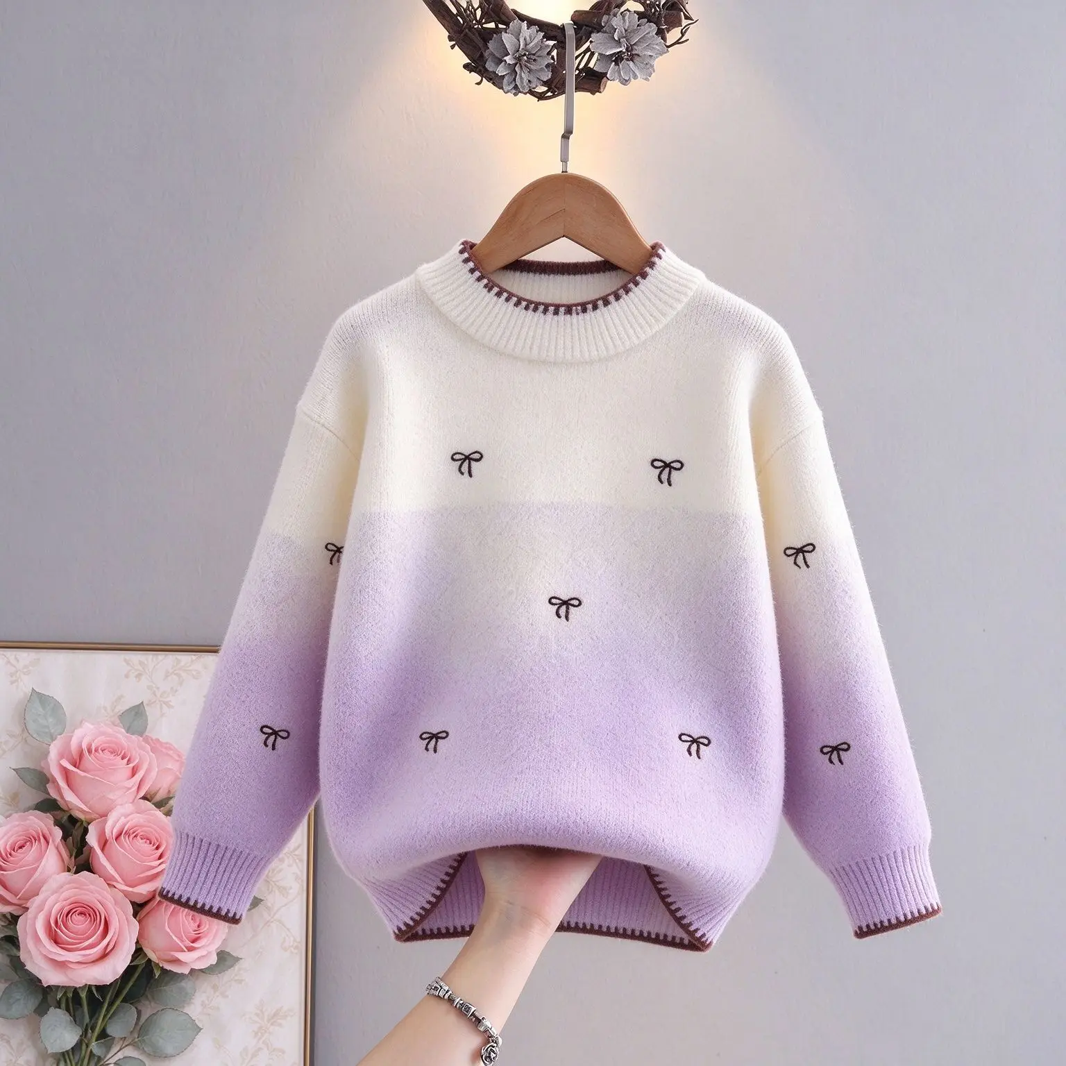 Super Nice Gradient Purple Girl's Sweaters with Delicate Butterflyt-knot Motifs Princess Pullovers Student Knit Clothes JY10193