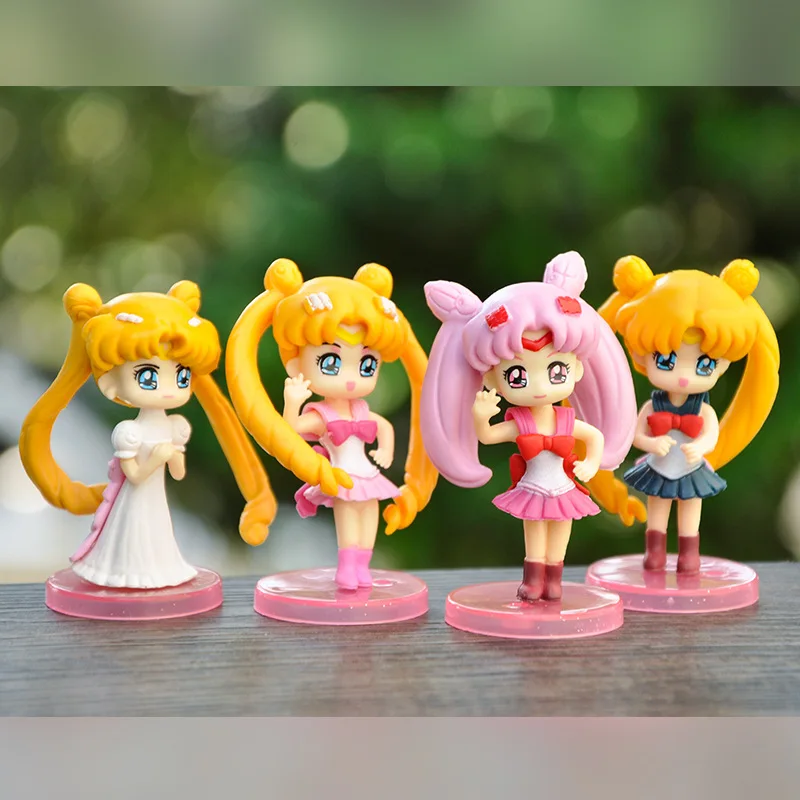 4pcs/Set Sailor Moon Cartoon Anime Figure 3D Kawai Ornament  PVC Figurine Kids Birthday Cake Decoration Gift Children's Toy