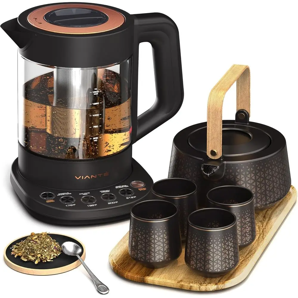 

Luxury Tea Set. Electric Kettle with Inuser or Loose Lea And Ceic Serving Set. Teapot and Cup Set with Wooden Tray. Excellent Gi