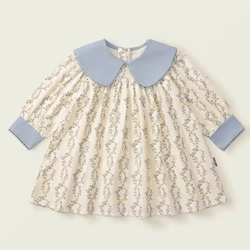 Idyllic Casual Dress For Girls Autumn Clothing 2024 New Lapel Long Sleeve Children'S Clothing Floral Print Kids Princess Dress