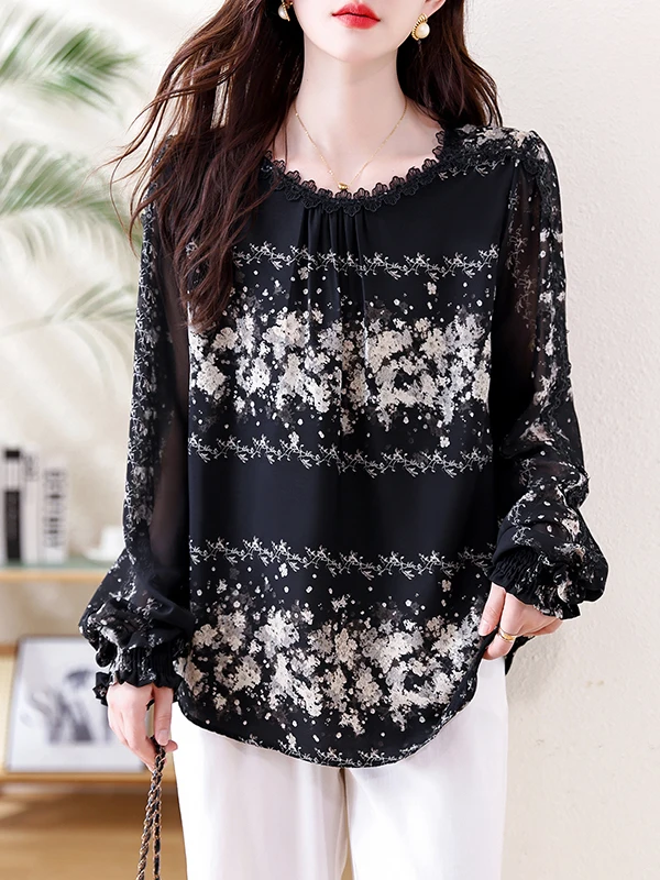 

Slimming Lace Print Hemline irt for Women Ele Vintage Spring Autumn New Sle Floral Patterned Long Sve round Ne Top