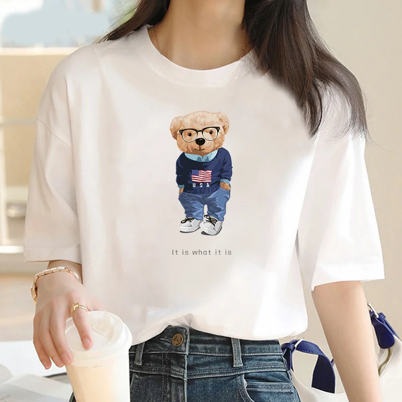 Camiseta informal de manga corta con estampado de oso de dibujos animados para mujer, Camiseta holgada de gran tamaño con cuello redondo, moda Y2K,