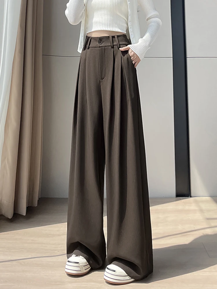 하이웨이스트 와이드 레그 수트 팬츠 여성용 커피색 드레이프 슬림 캐주얼 바지 가을 겨울 신상 비대칭
