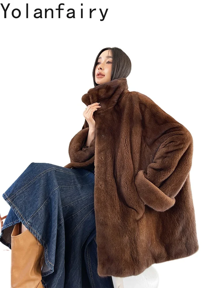 YOLANFAIRY Velvet-grade Real Mink Fur Coat Woman Luxury Winter Whole Mink Natural Fur Jacket Mid-length 80cm Women Clothing 2026