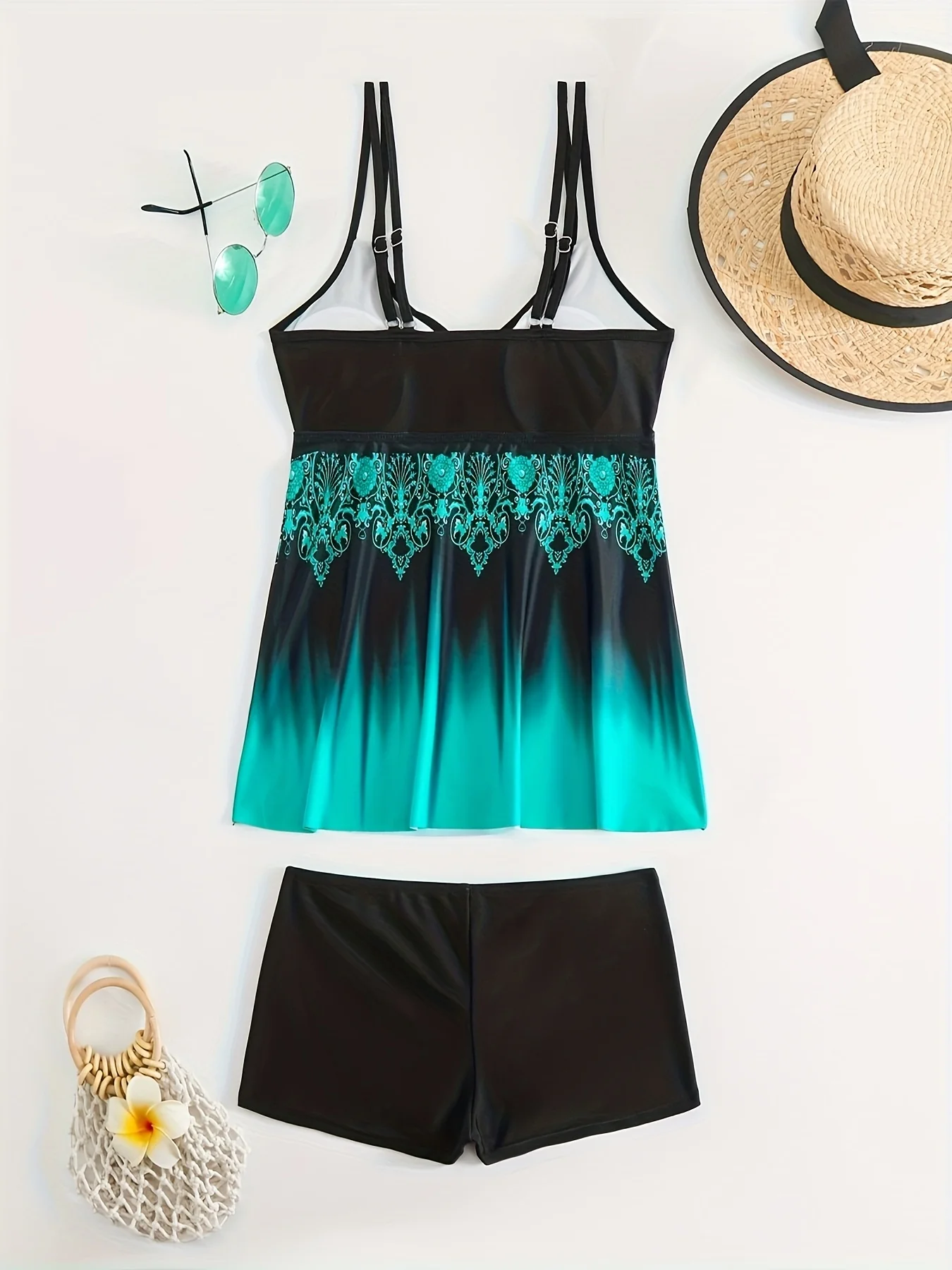 2026 New Women's Sexy & Fashionable Black-Blue Gradient Ring Accent Separates Swimsuit with Turquoise Pattern Cover-Up Skirt & B