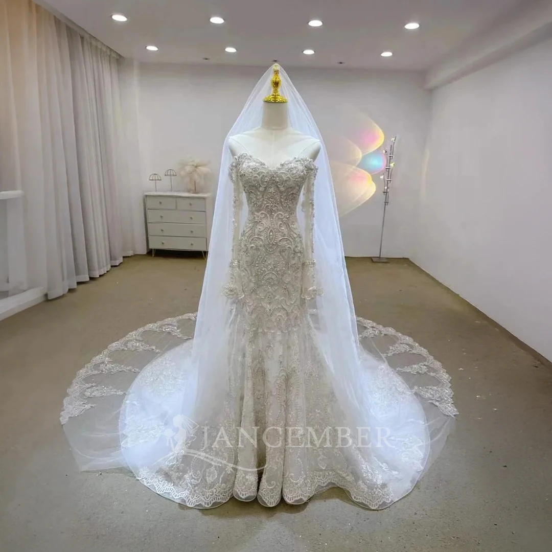 

Hot Sale Wedding Dress with Beading Customized Long Sleeves Scoop Sweep Train Mermaid Bridal Gown for Bride vestido femininos