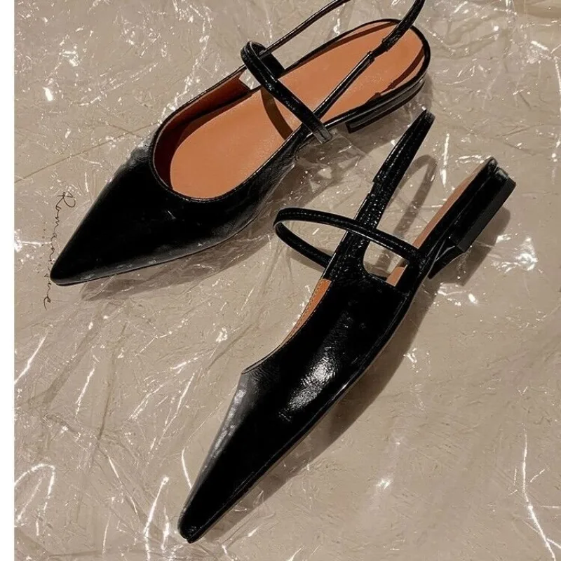 2024 New Baotou Patent Leather One line Buckle Strap Cat Heel Sandals Female Sexy Black Silk Pointed Thin Heel Flat Shoes