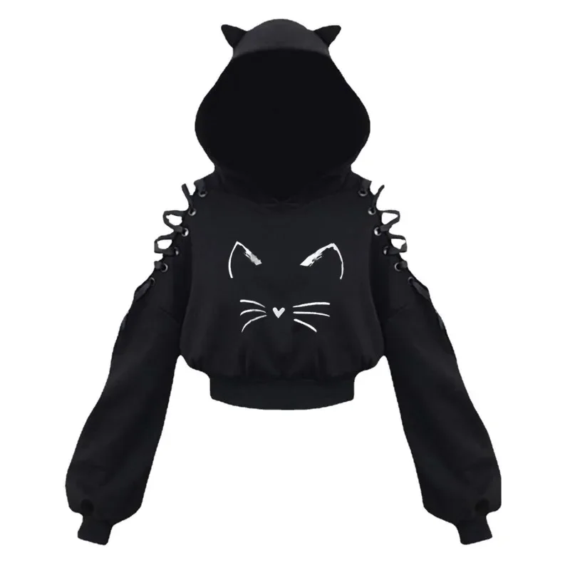 Autumn New Hollow Design Black Y2k Hoodies Retro Subculture Kawaii Cat Print Short Hoodie Women's Cosplay Punk Slimming Tops