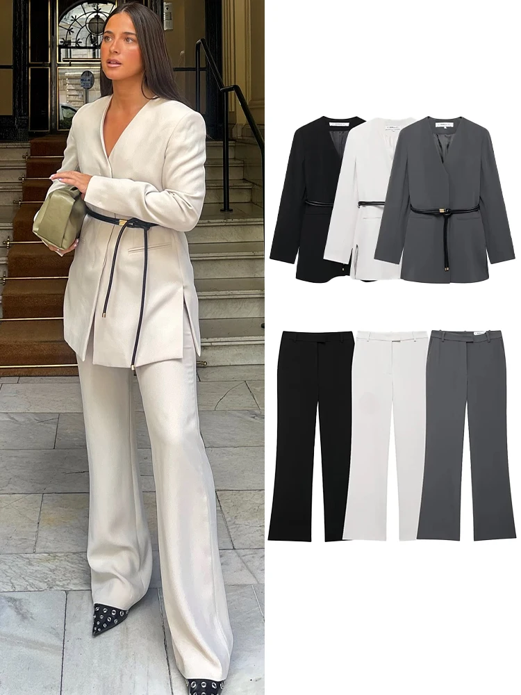 TRAFZA Fashion Women Pants Suit V-Neck Long Sleeves Pocket Belt Decorate Blazer Top+High Waist Loose Casual Slim Wide Leg Pant