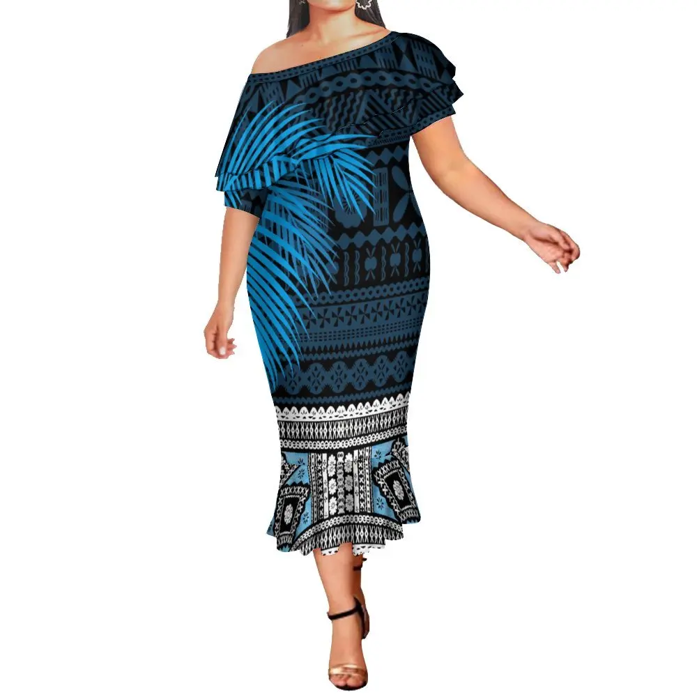 

Hot selling summer Papua New Guinea tribe design Milk Silk Fishtail dress Pacific 8XL breathable double cape mermaid dress