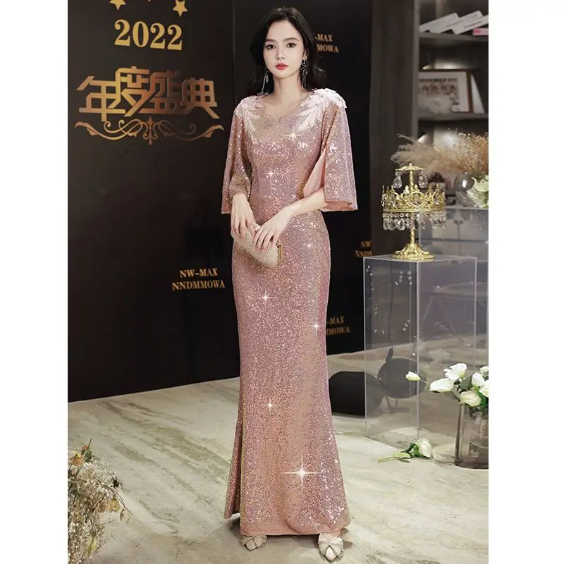 Pink Long Mother Of The Bridal Dresses Shiny Sequin Floor-Length Mermaid Evening Dresses For Wedding Party