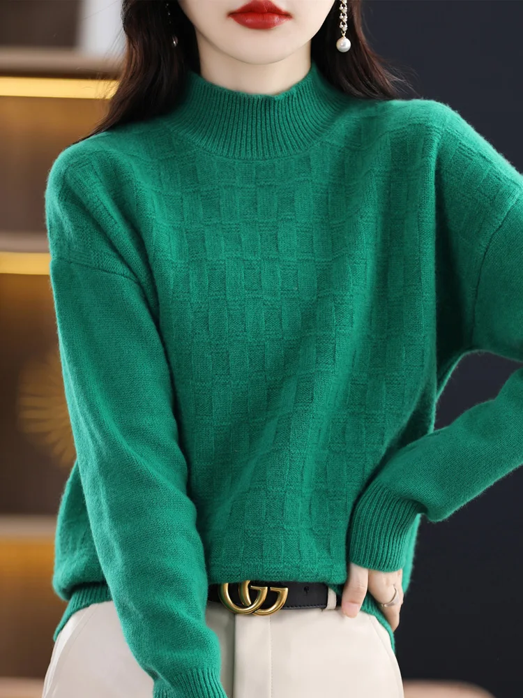 Addonee Autumn Winter Women Sweater 100% Merino Wool Long Sleeves Mock Neck Casual Warm Knitted Jumper Female Clothing Tops