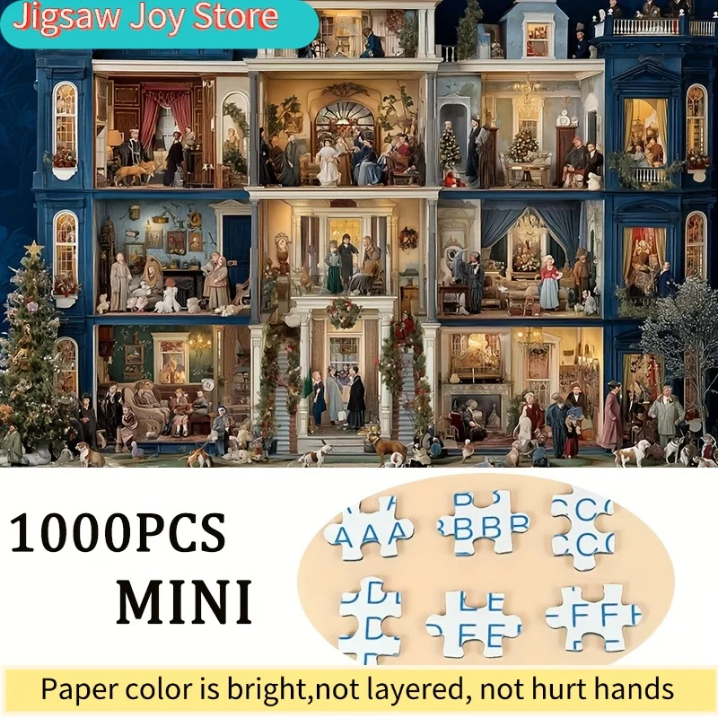 A Box Containing 1000 Paper Puzzles for Adults Titled 'Exquisite Christmas Mansion', Suitable for Party Games And Activities A