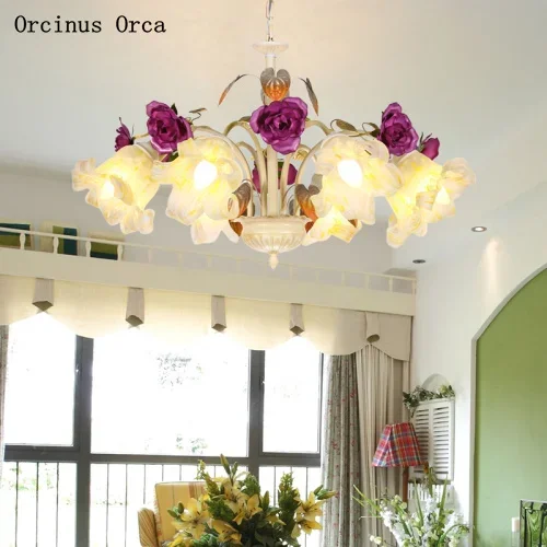 Rural retro Purple Rose chandelier living room dining room bedroom creative romantic led glass flowers Chandelier