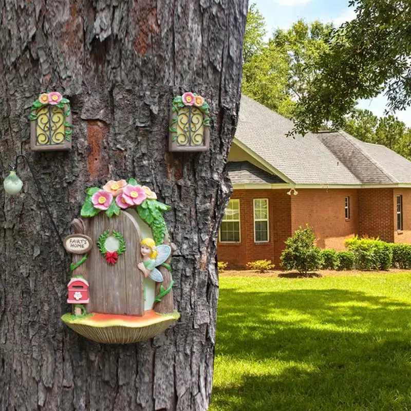 Fairy Doors For Trees Outdoor Tree Outdoor Miniature Garden Window With Lantern Resin Glow In Dark Gnome House Fairy Doors For