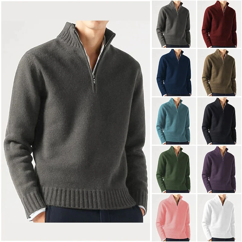 Men's Cashmere Zipper Basic Sweater Winter Men's Fleece Thicker Sweater Half Zipper Turtleneck Warm Pullover Quality Male Slim