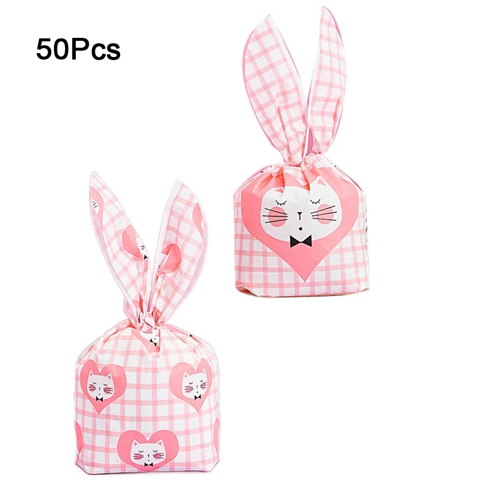 

50Pcs Plastic Rabbit Ear Candy Bags Cartoon Animal Pattern Rabbit Long Ear Bags Cute Multistyle Cookie Packaging Bags Festive