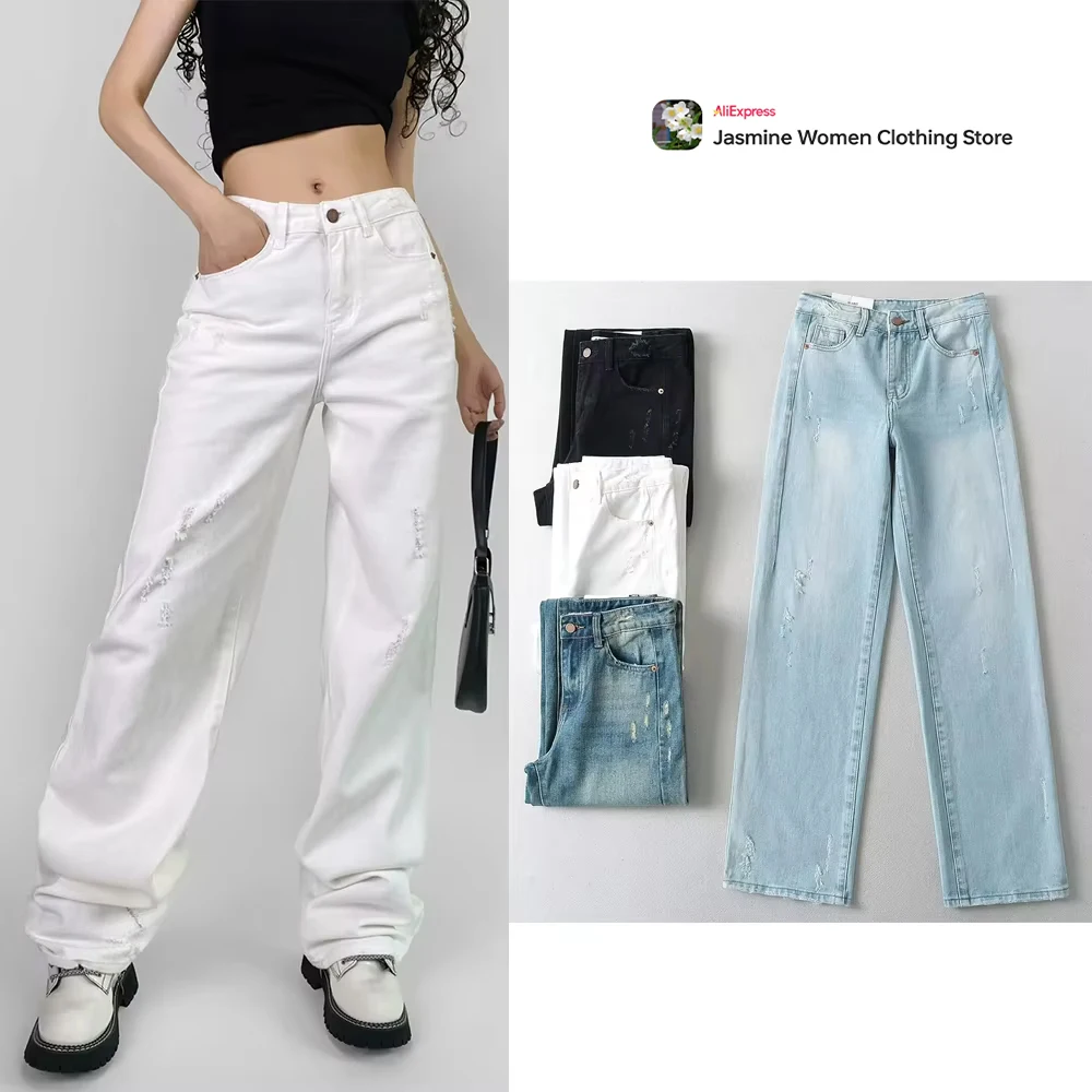 Multi Colors Classic Ripped Wide Leg Jean Pants Women's Casual Female Bleached Straight Denim Trousers Full Length Slouchy Jeans