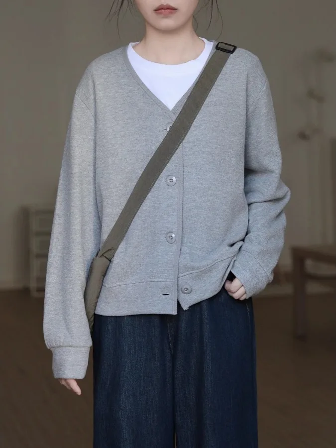 홍콩 스타일 버튼업 긴팔 스웨트셔츠 여성용 봄 가을 얇은 한국식 루즈 슬림 V넥 아우터웨어 탑