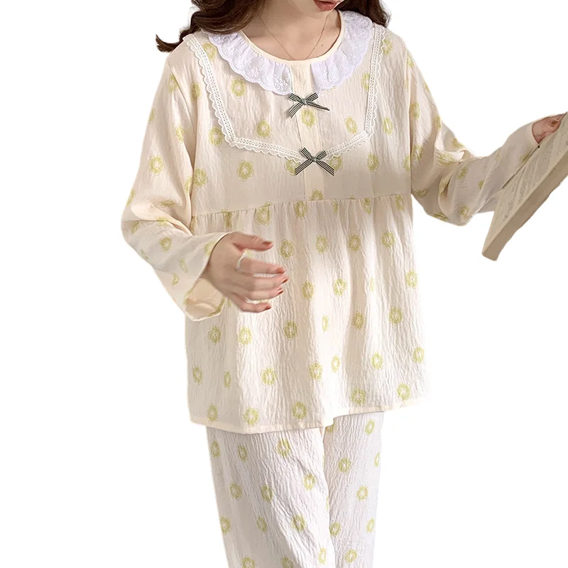 

Round Neck Lace Trim Home Wear Thin Cloud Cotton Nightgown Long Sleeved Trousers Pajamas Two-piece Set Lounge Clothing for Women