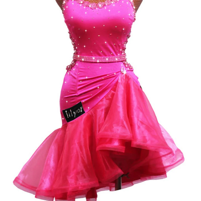 New Latin Dance Dress Latin Skirt Competition Dress Costumes Performing Dress Sparkly Rhinestone Pink Embroidered Fishbone skirt