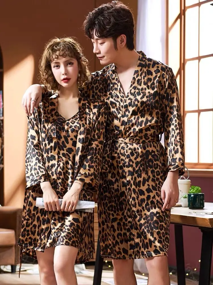 Men Leoprad Print Shower Bath Robe Satin Silk Night Bathrobe Peignoir Nightgown Wedding Dressing Gown Bride Bridesmaid Nightwear