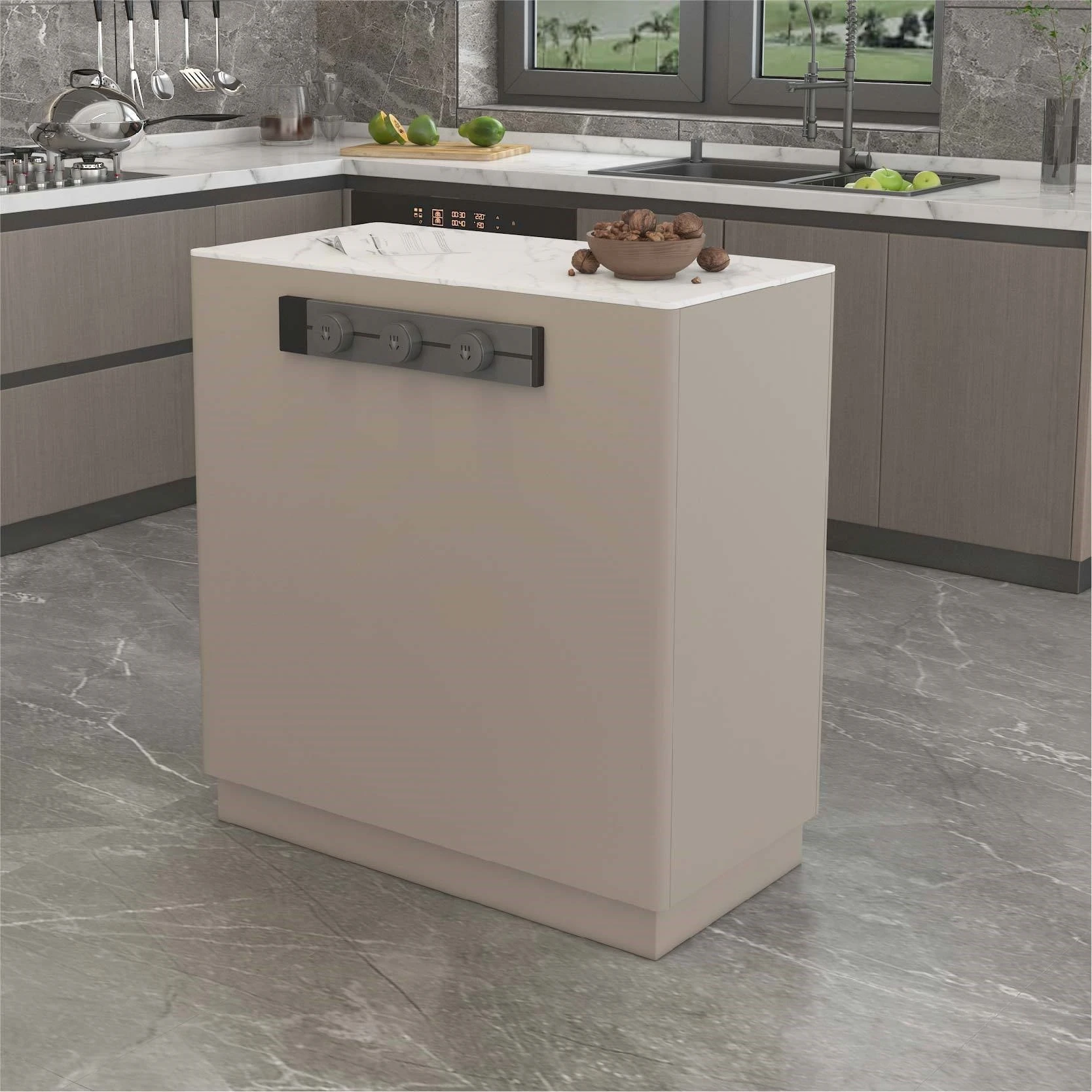 The side cabinet with rock slab can be moved, the middle island table, and the island cabinet is integrated against