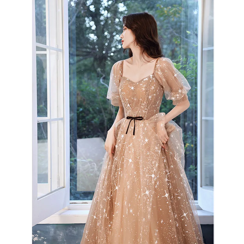 Champagne Evening Dress 2023 New Women\'s Sequin Tulle Long Lace-Up Prom Dresses Elegant Temperament A-line Banquet Party Gown