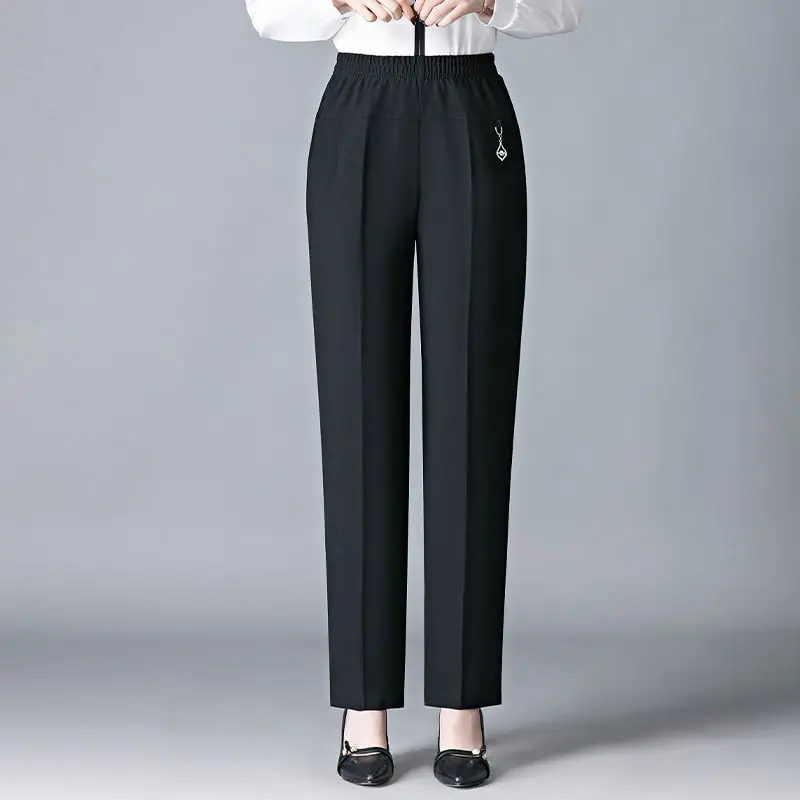 Women Elastic Waist Front Pleat Decor Side Pocket Straight Ankle Length Casual Trousers