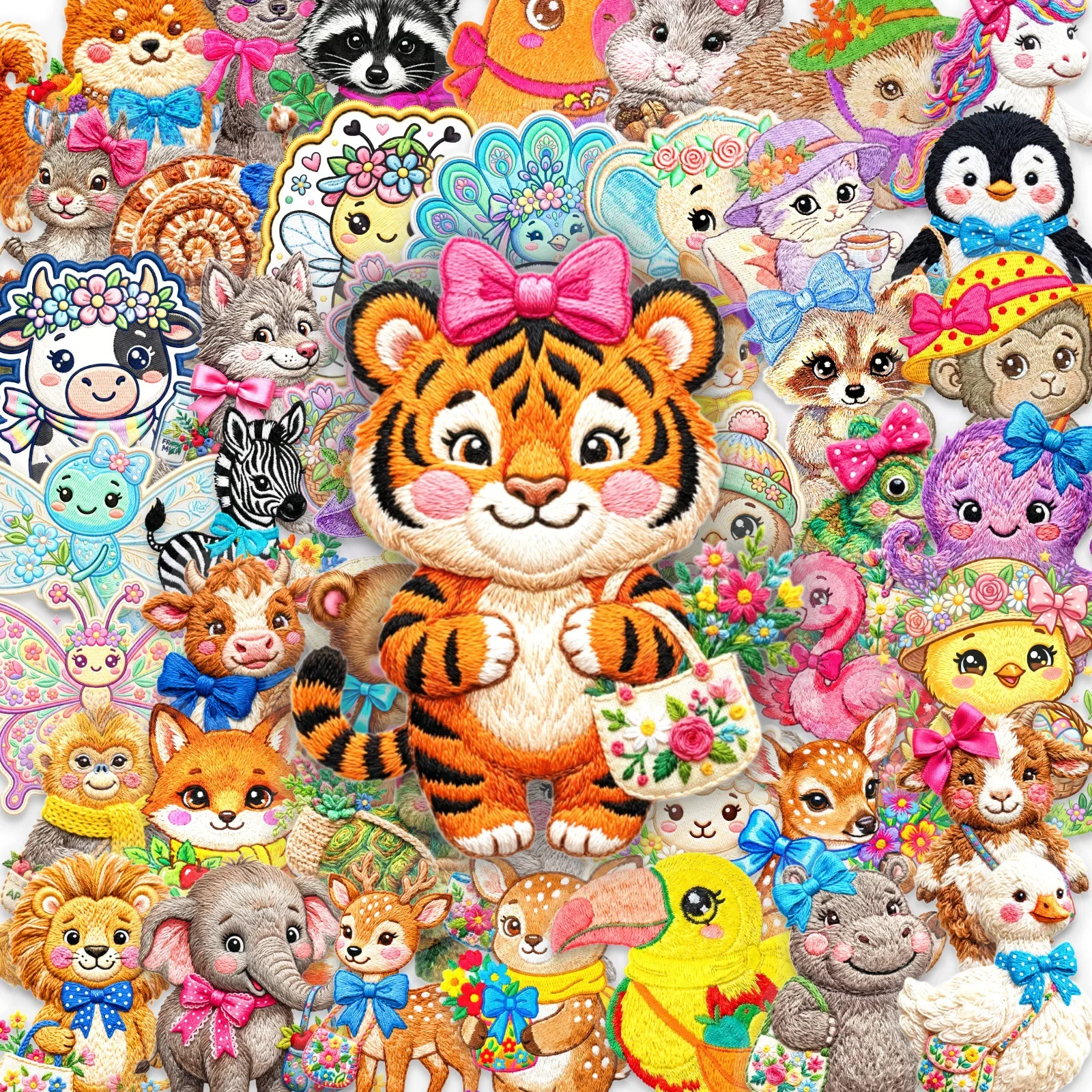 50-Pack Embroidered Animal Pattern Transparent PET Doodle Stickers Waterproof Decals for Guitar Notebook Luggage Stationery
