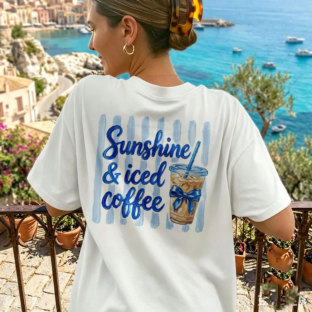 Sunshine & Iced Coffee Bow Striped Boxy Tee, Morning City Walk Outfit, Soft Cotton Top, Sweet Daily Coffee Lover Gift